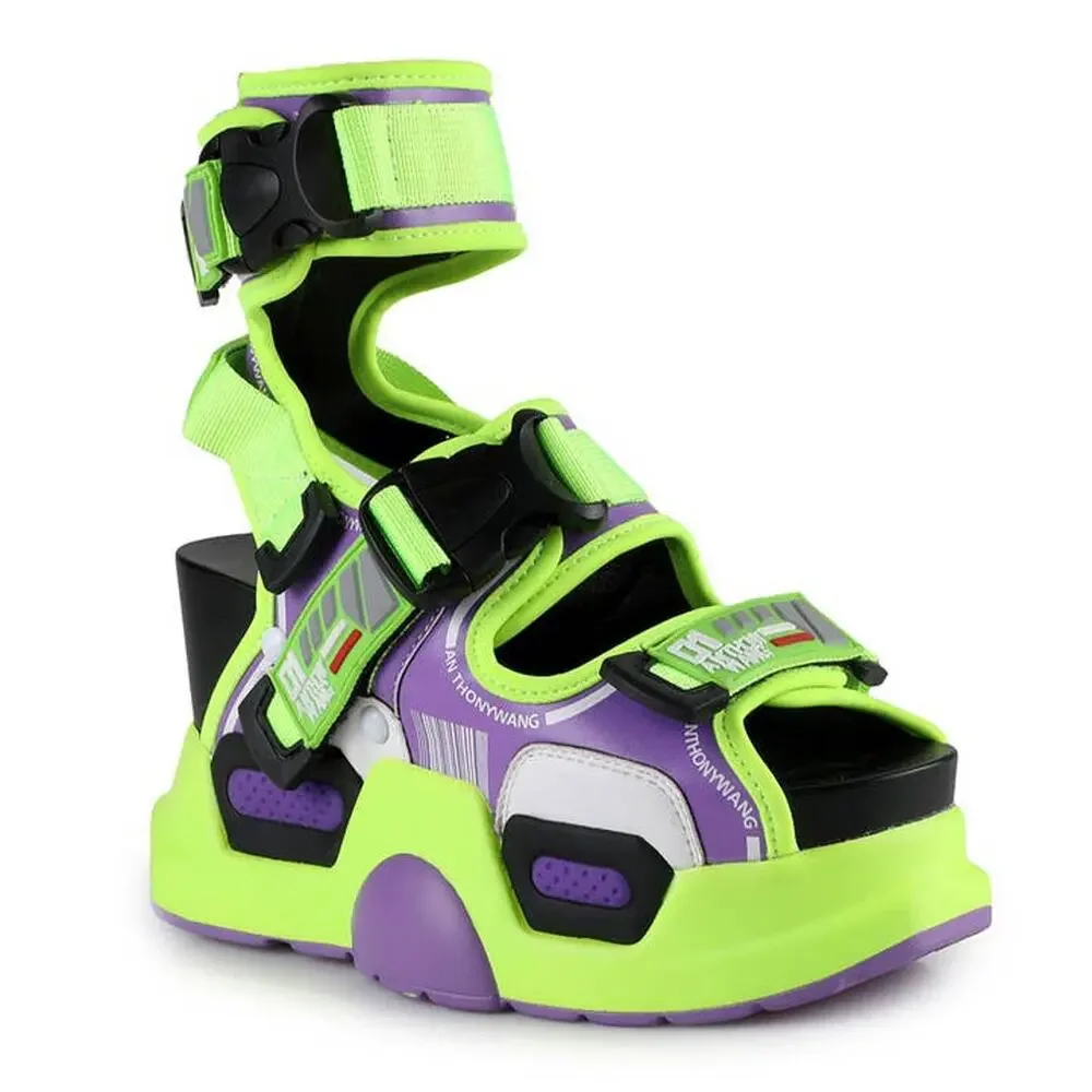 Copied - Anthony Wang Neon Toxic Green Purple Platform Wedge Cyberpunk Sandals 8